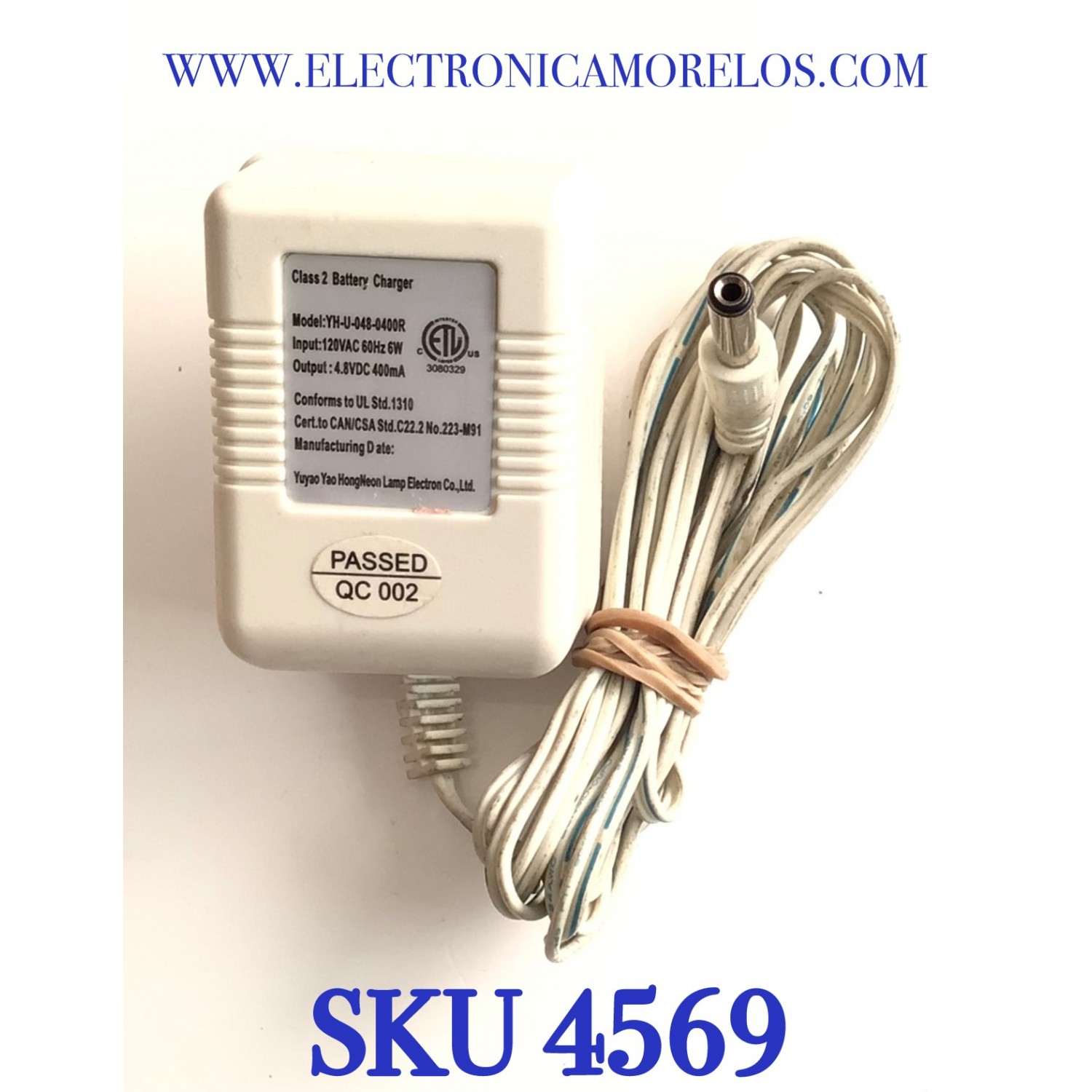 CARGADOR / ADAPTADOR DE FUENTE DE ALIMENTACION / NUMERO DE PARTE YH-U-048-0400R / ENTRADA VCA 120V 60HZ 6W / SALIDA VCD 4.8V 400MA / MODELO YH-U-048-0400R